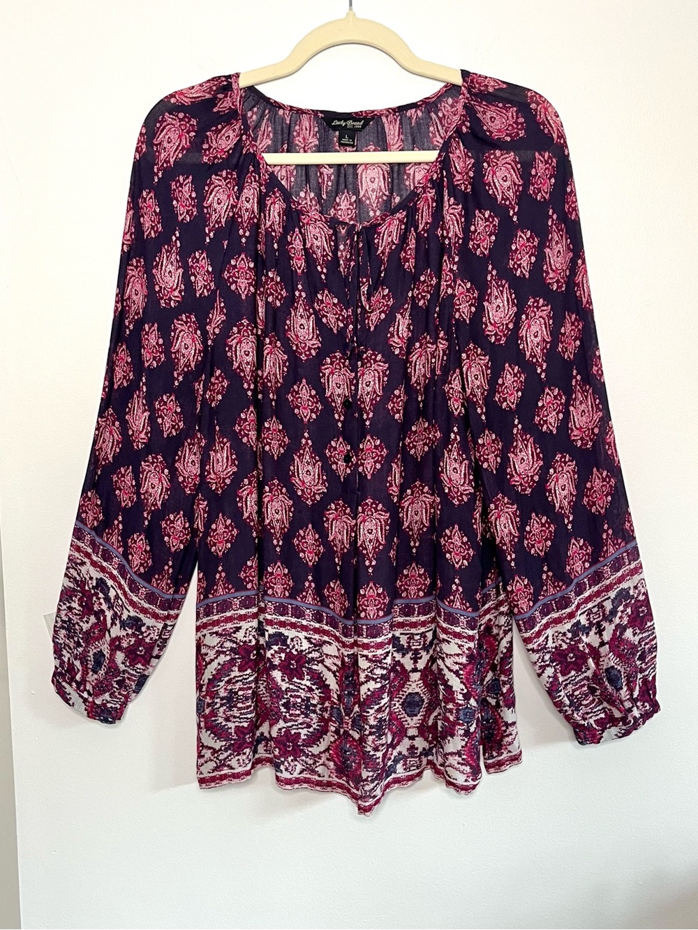 Lucky Brand Flowy Purple Popover Boho Printed Peasant Blouse Romantic Semi Sheer
